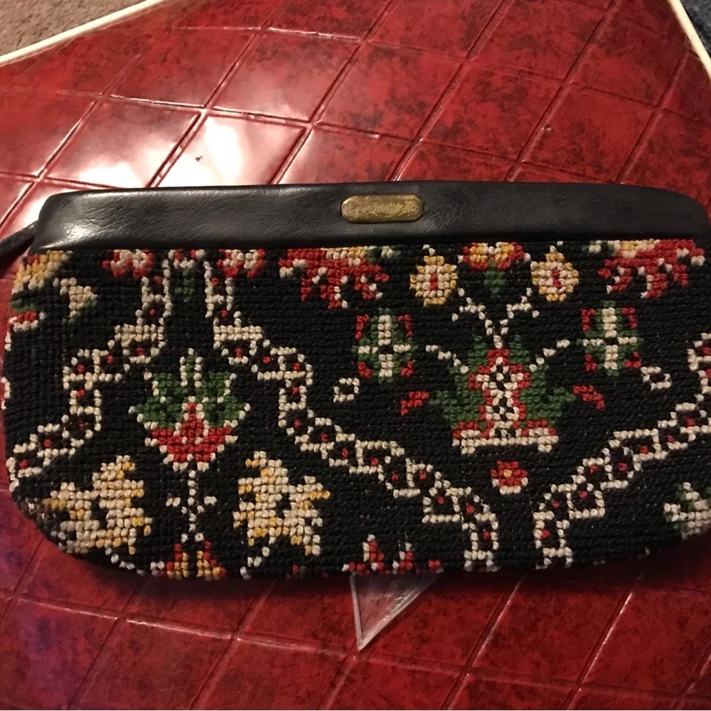 Vintage Embroidered  and leather clutch